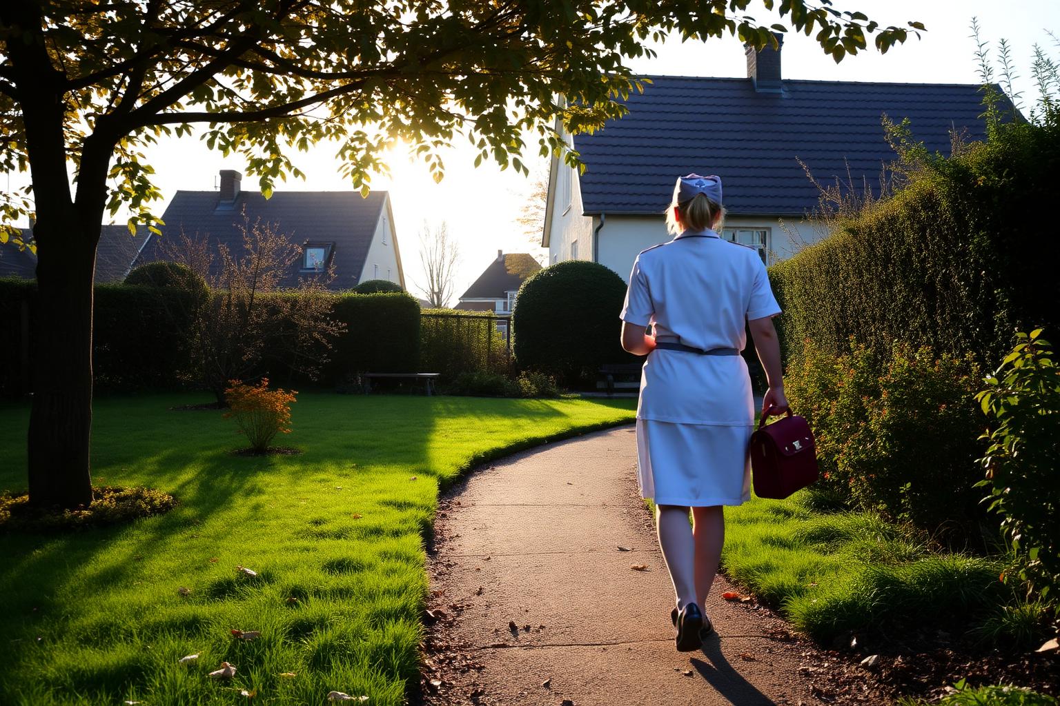 Verpleegkundige komt met haar tas aan bij een woning in de Vlaamse Ardennen