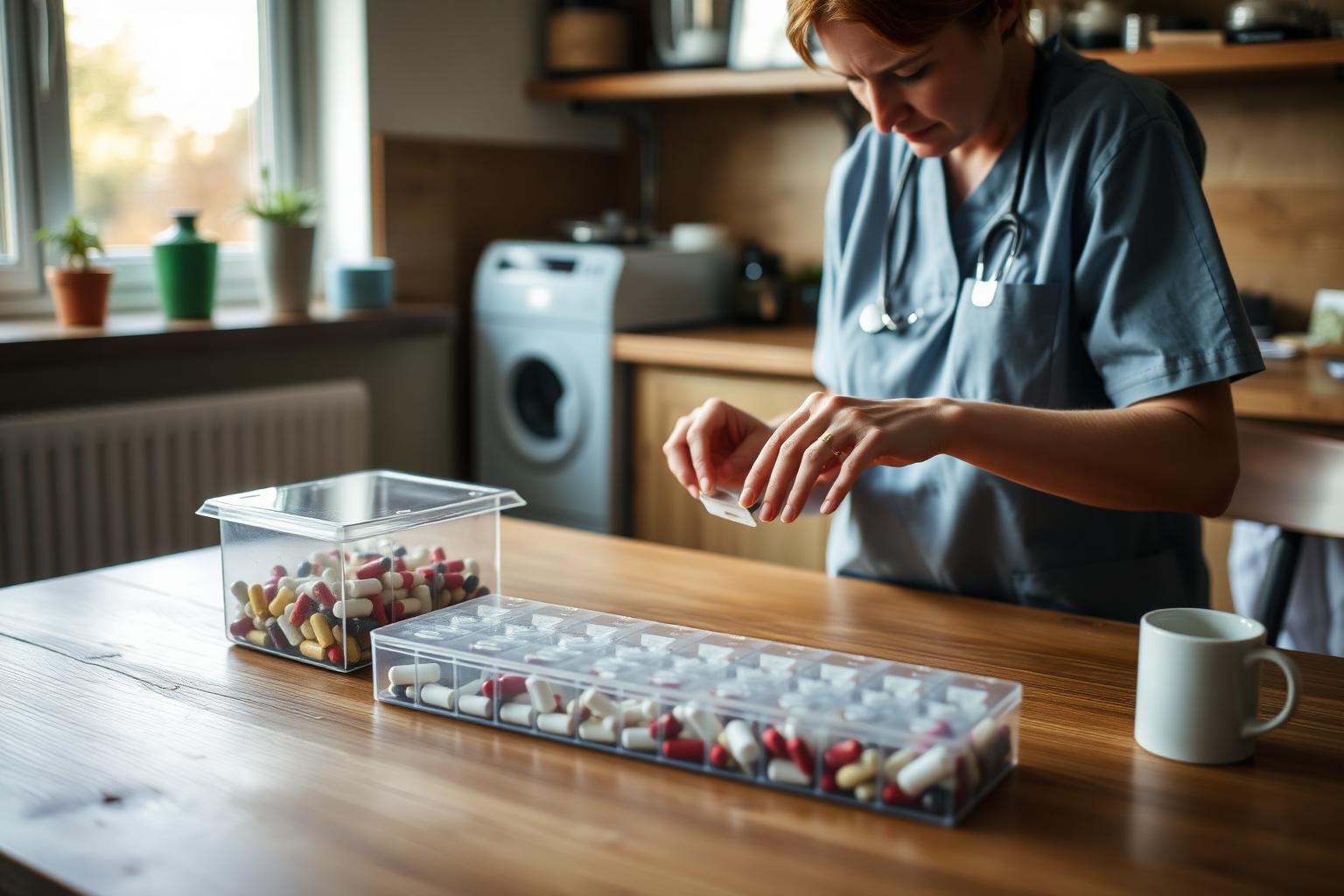 Verpleegkundige zet medicatie klaar in een weekdoos aan de keukentafel in Brakel